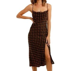 For Love & Lemons Black & Rust Orange Polka Dot Cowl Neck Midi Slip Dress - XS